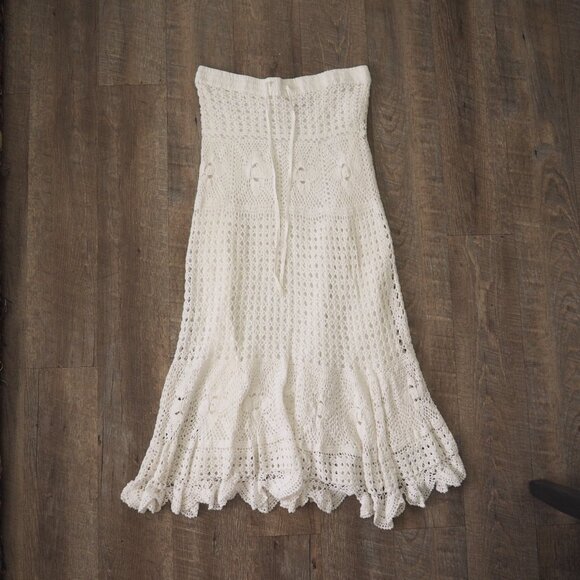 Boston Proper hippie Boho White Crochet drawstring stretch waist Skirt sz M - Picture 3 of 8